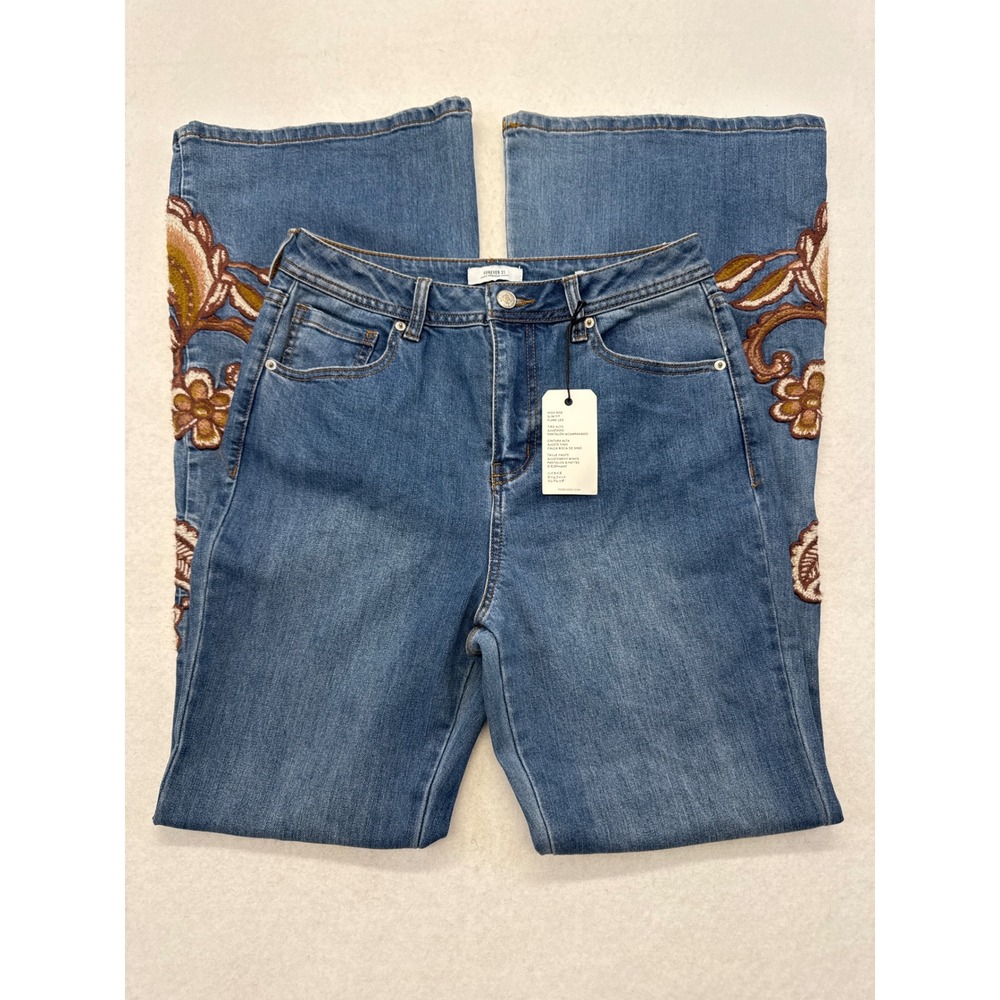 Forever 21 Premium High Rise Flare Jeans Floral Embroidered Medium Wash Size 27